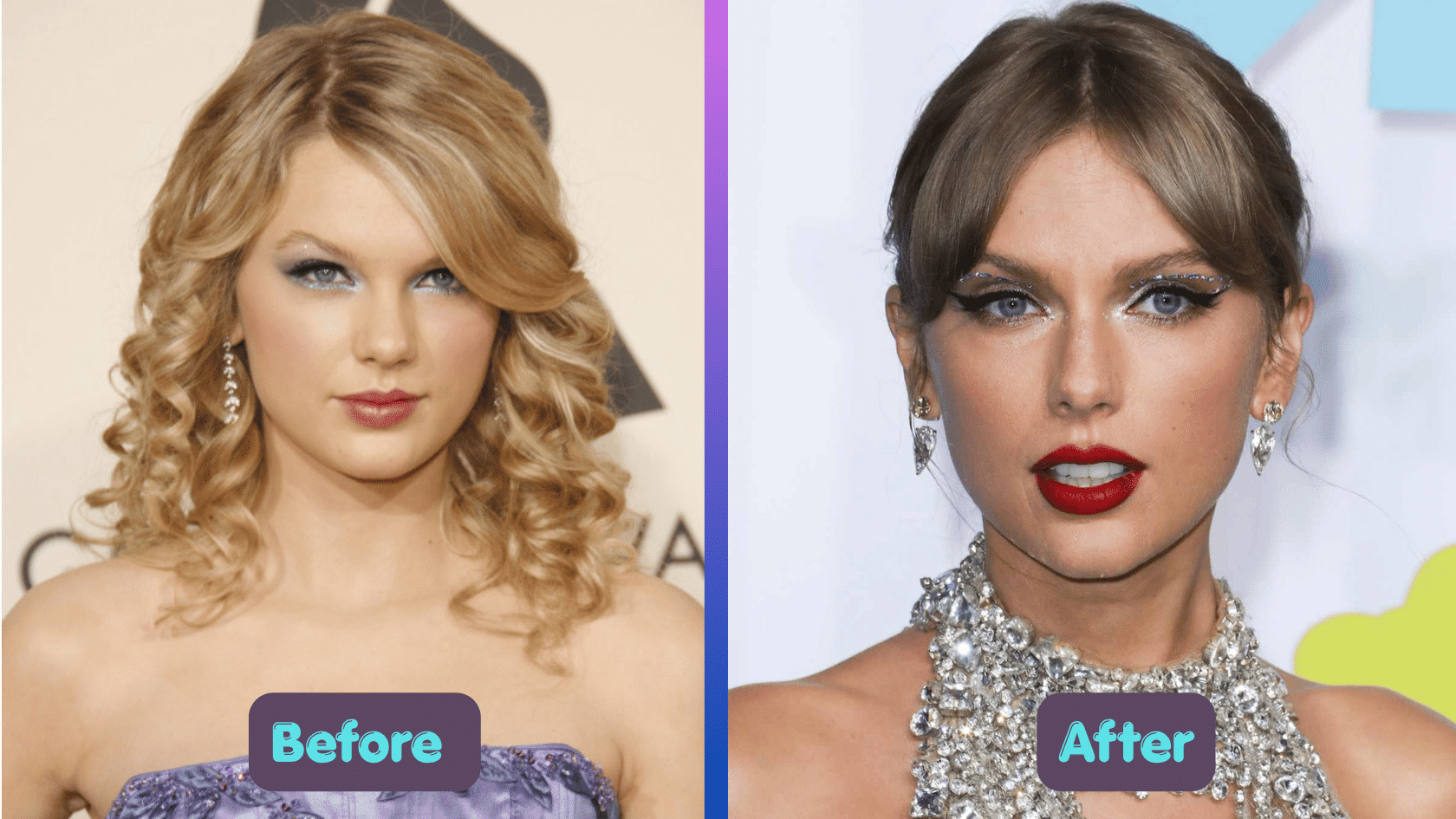 Taylor Swift plastic surgery before and after comparison showing facial changes over time.