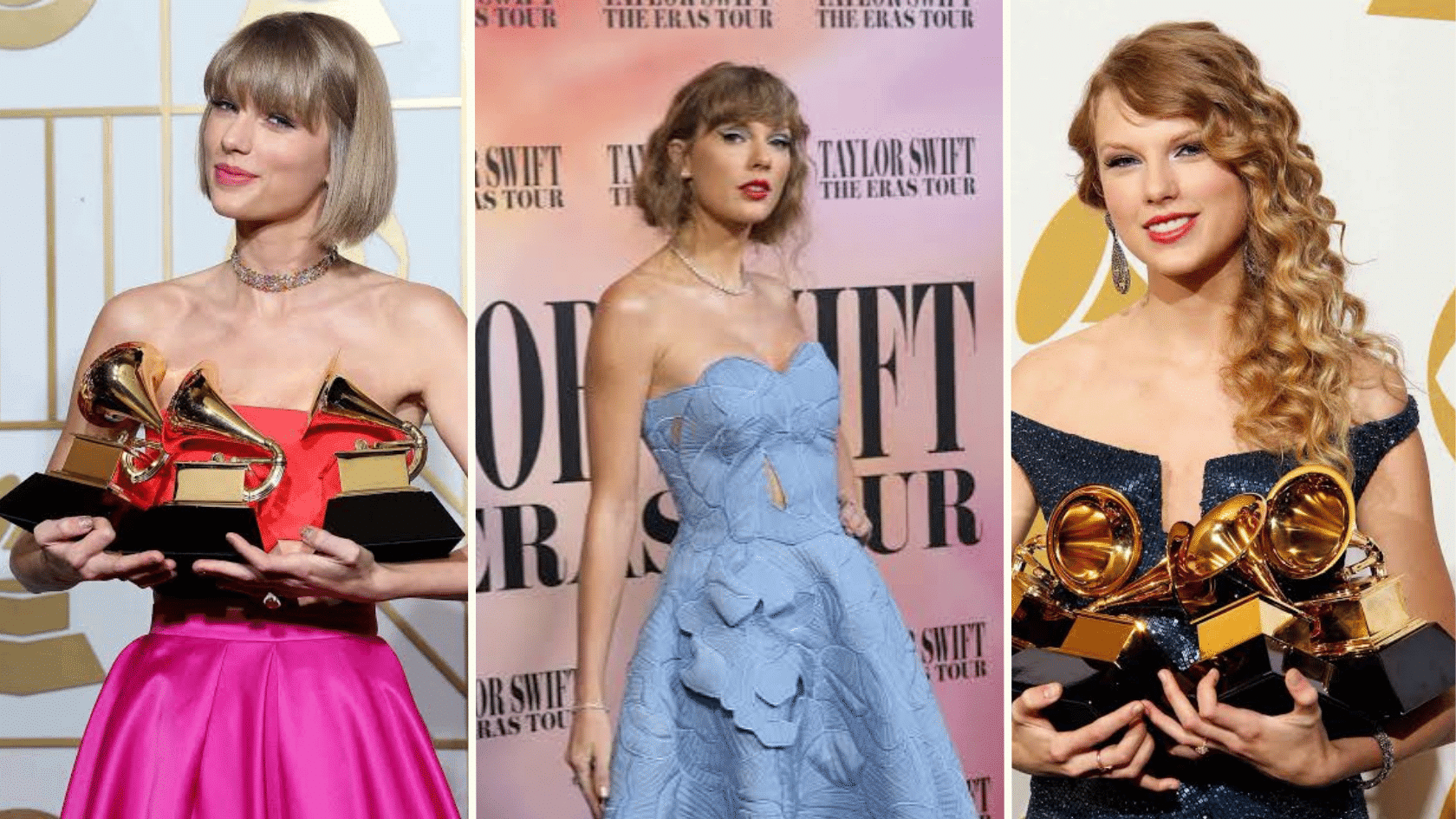 Taylor Swift holding Grammy awards at different award ceremonies and events.