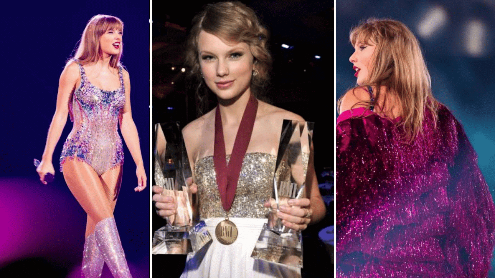 Taylor Swift performing on stage and holding awards in different career moments.