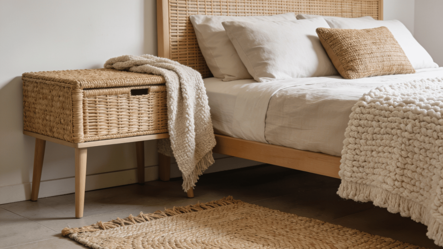 Woven bedroom scene showing repetition in interior design through repeated natural textures and rattan materials across furniture and storage elements