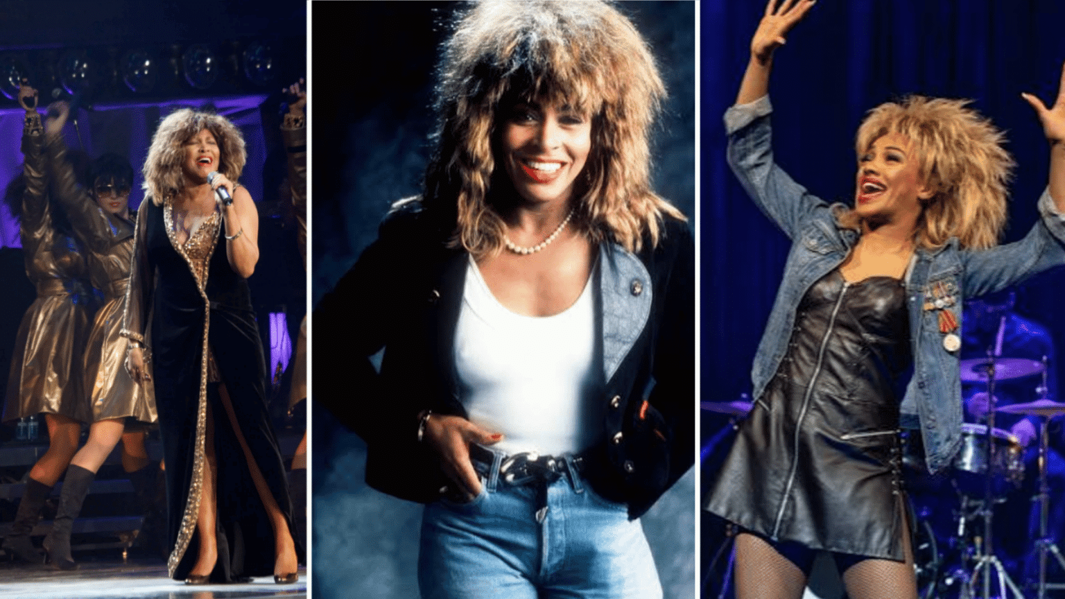 Tina Turner collage showing different stages of her music career and iconic performances