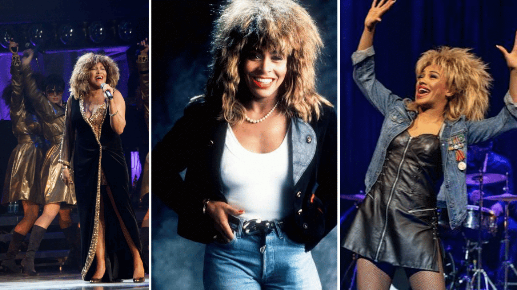 Tina Turner collage showing different stages of her music career and iconic performances