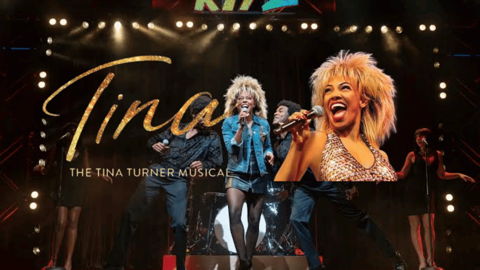 Tina Turner musical performance with singers on stage under bright concert lights.
