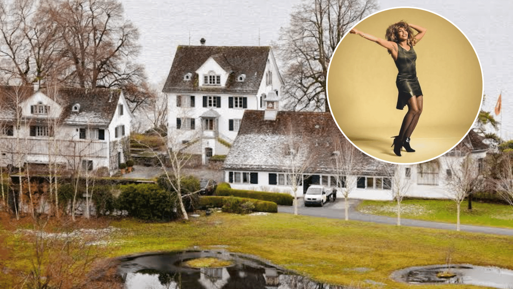 Tina Turner standing on stage inset with a large luxury home representing her wealth and legacy.
