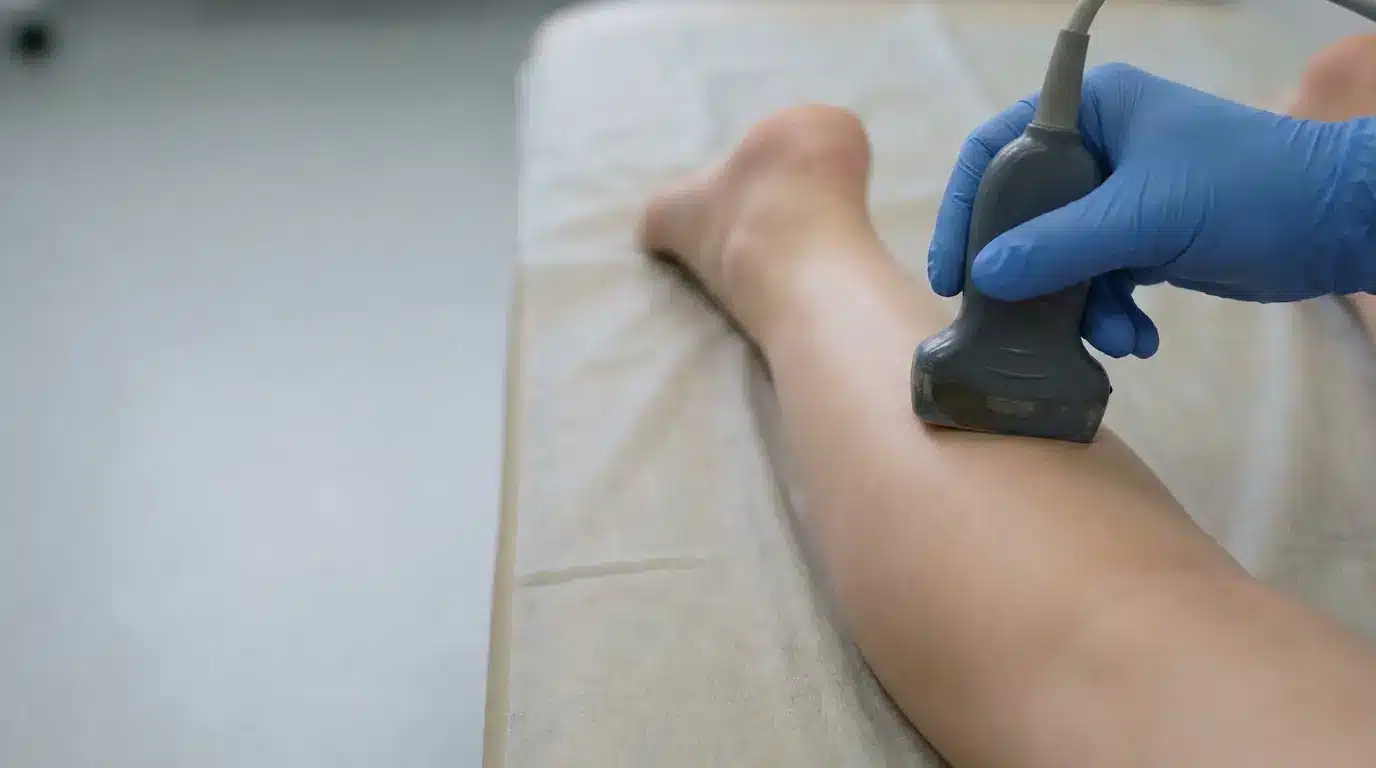 Hand in blue glove performing ultrasound on person's leg in clinical setting