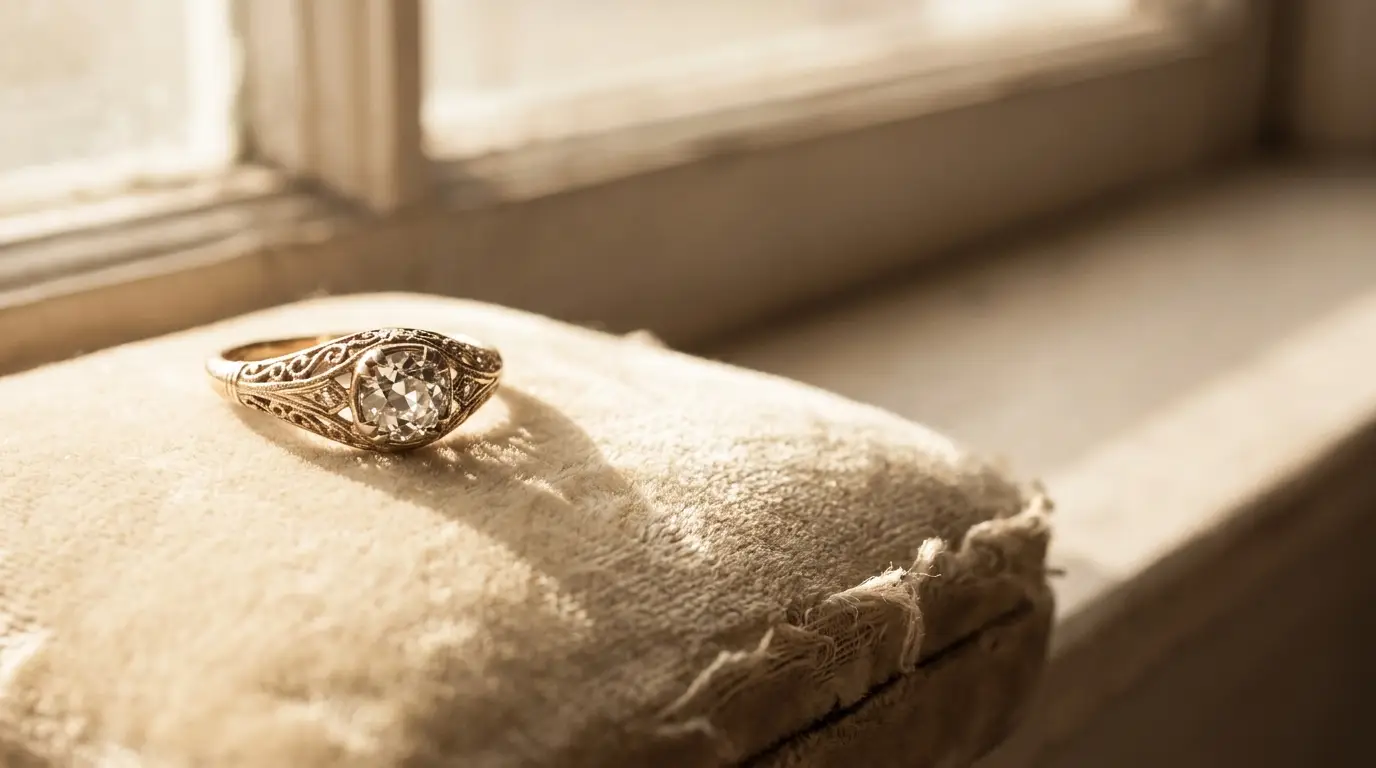 Antique diamond ring on worn velvet cushion in soft natural light
