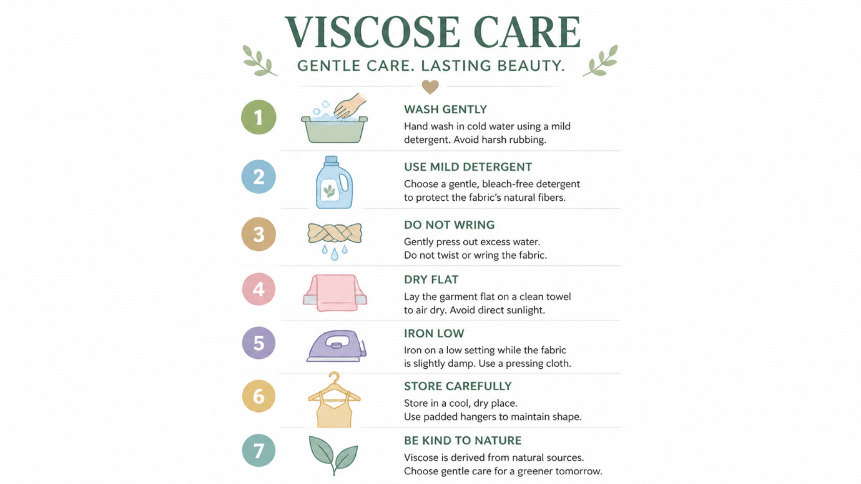 Vertical infographic listing 7 viscose fabric care rules with icons and instructions covering washing, drying, ironing, detergent, dry cleaning, and storage.๎๎ป๎๎ป๎น๎You said: Is Viscose Fabric Sustainable?