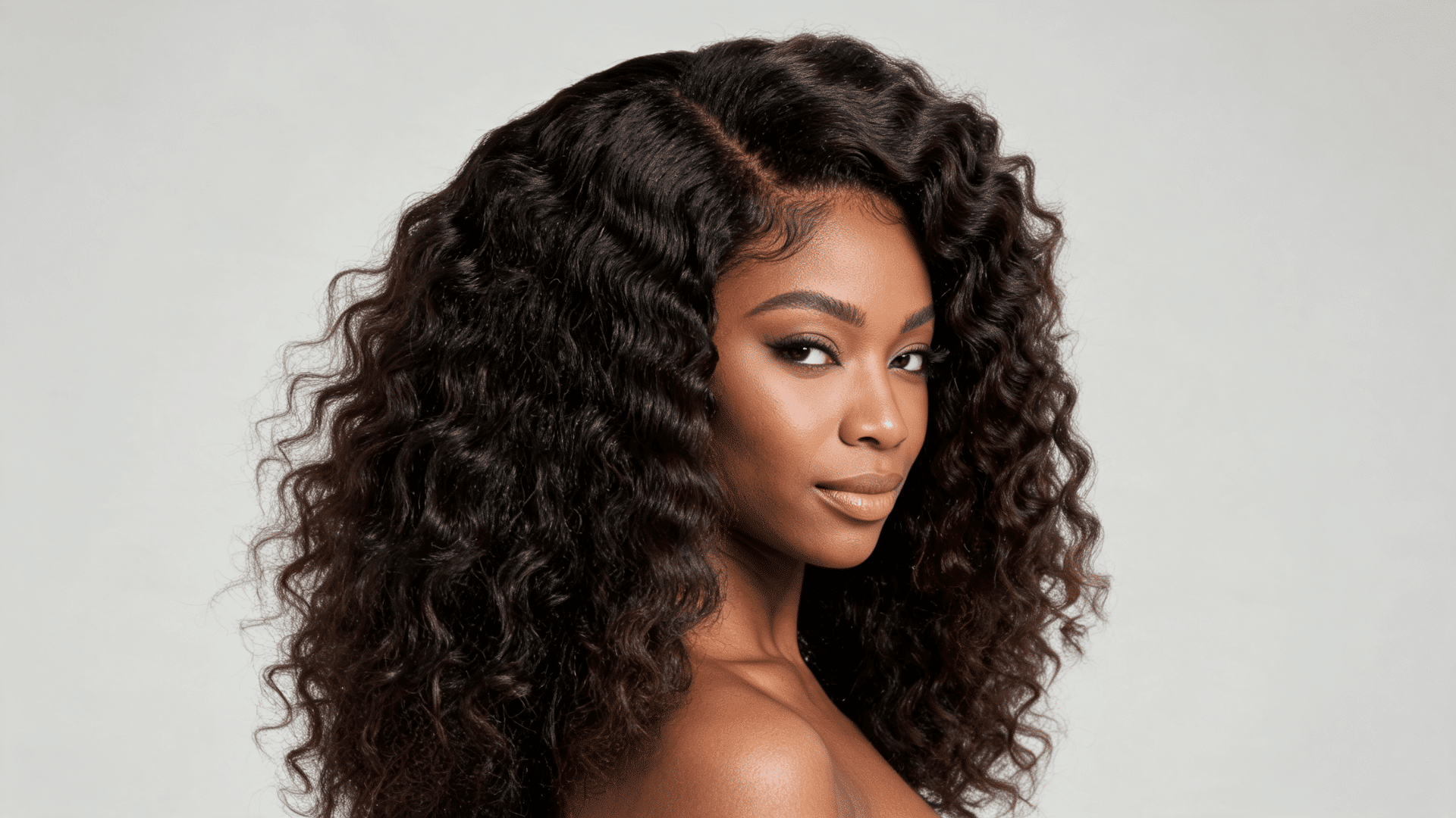 Woman wearing a blown-out curly sew-in with stretched curls and soft volum