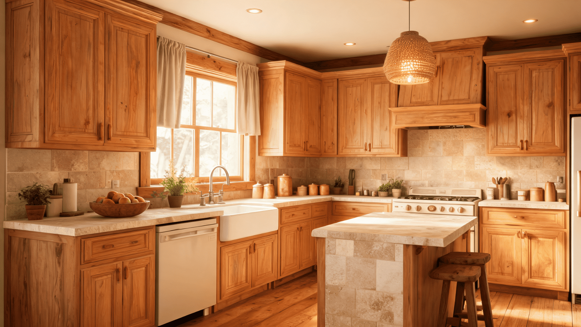 Wood cabinets and stone counters in warm-toned cabin kitchen