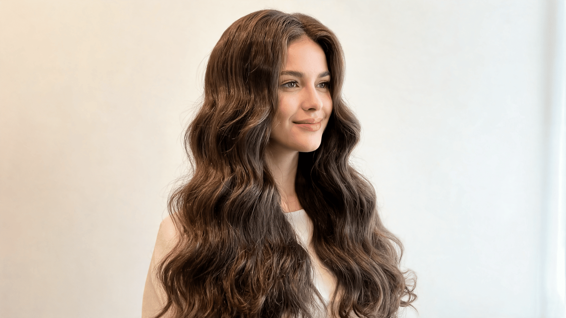 Woman with a long loose body wave sew-in hairstyle featuring soft waves and natural volume.