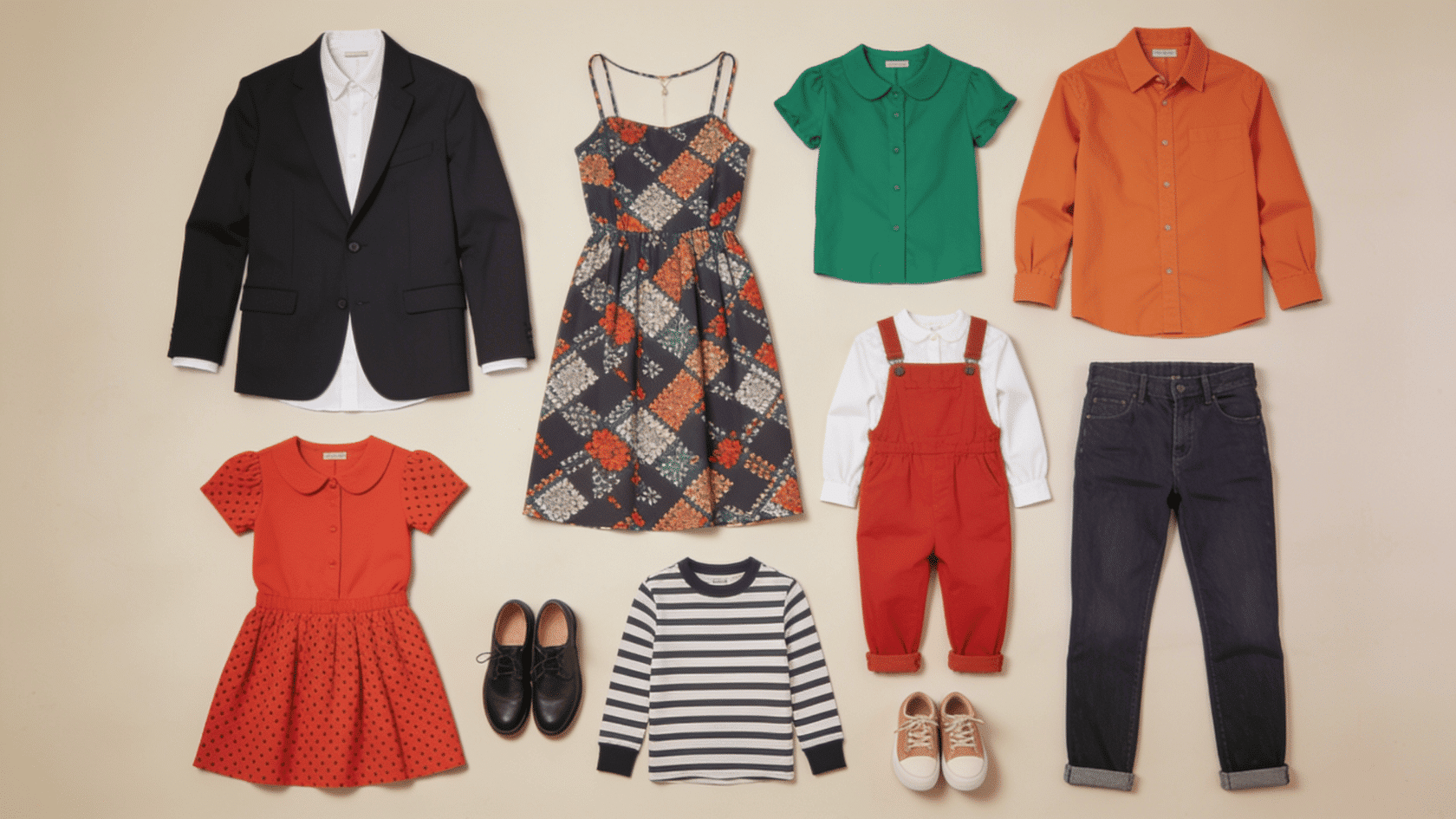 Mixed family clothing laid out flat showing bold patterns, bright colors, and formal and casual pieces together