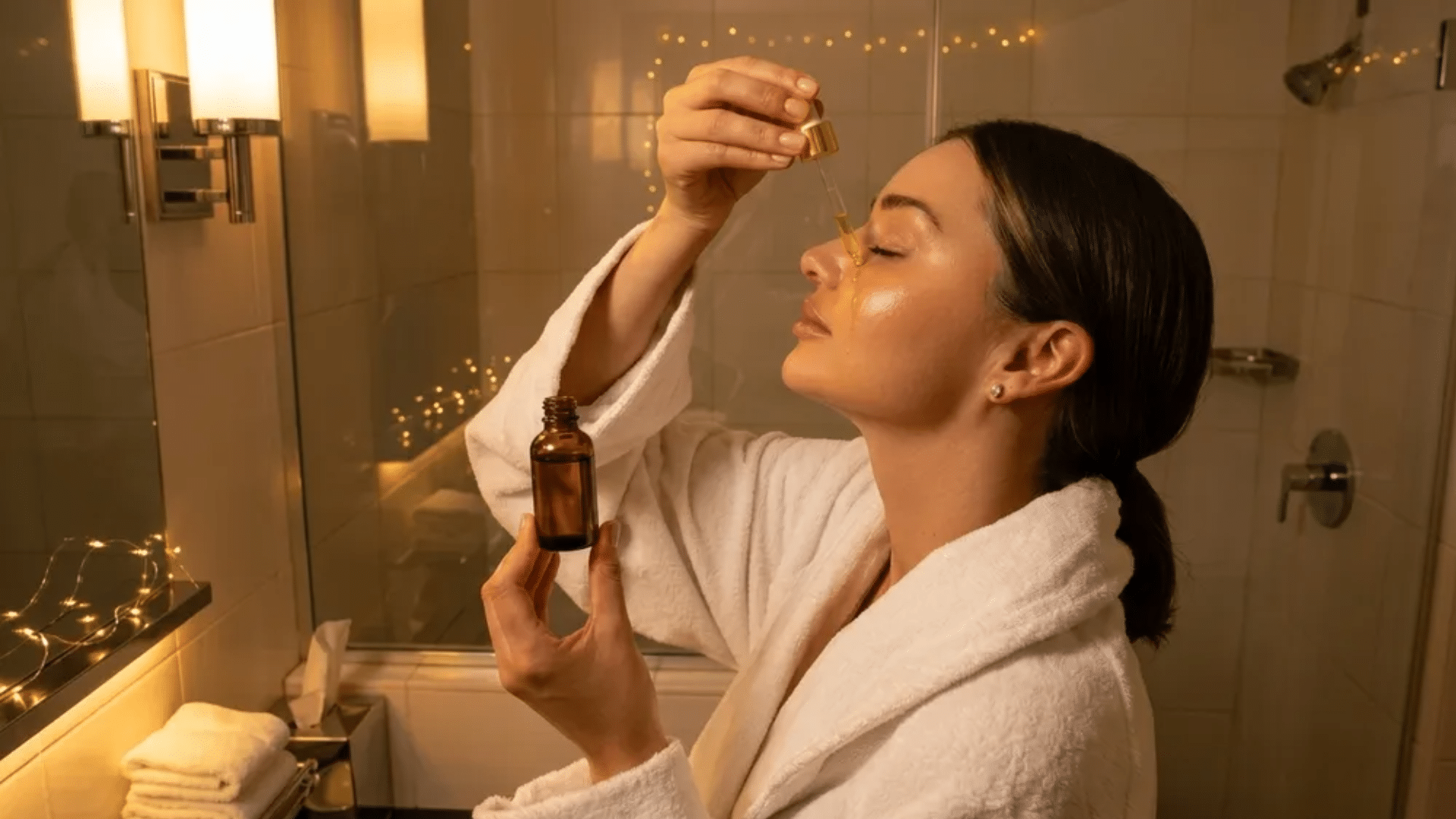 Woman in a robe applying facial serum with a dropper in a warm-lit bathroom while holding a skincare bottle