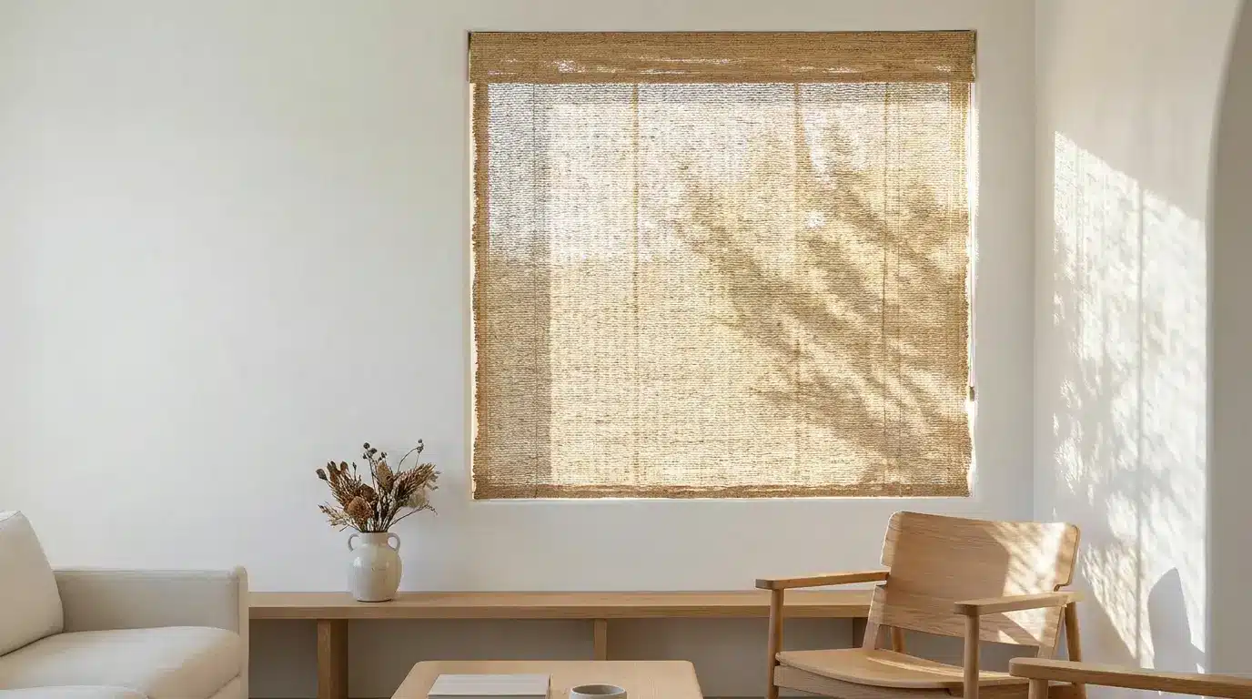 Minimalist living room with wooden furniture, large window with woven blinds, and dried flowers in vase