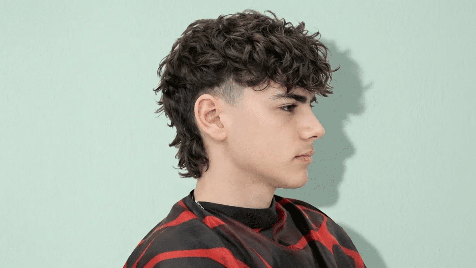 Young man in side profile with short mullet haircut, featuring curly textured top, faded sides, and slightly longer back against a light green background.