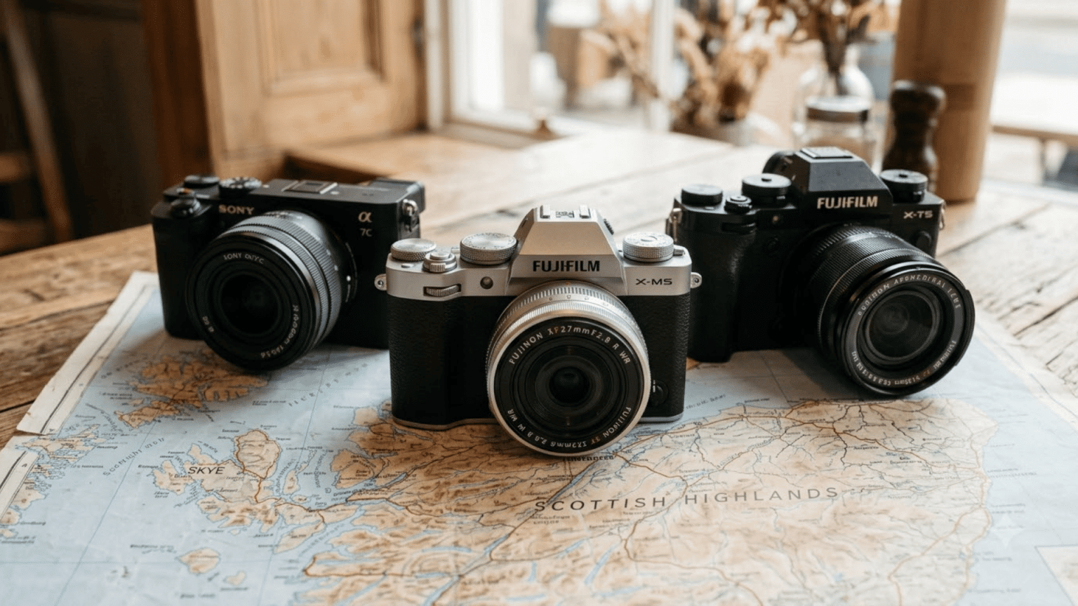 Three travel cameras placed on a map showing photography gear for exploring destinations.