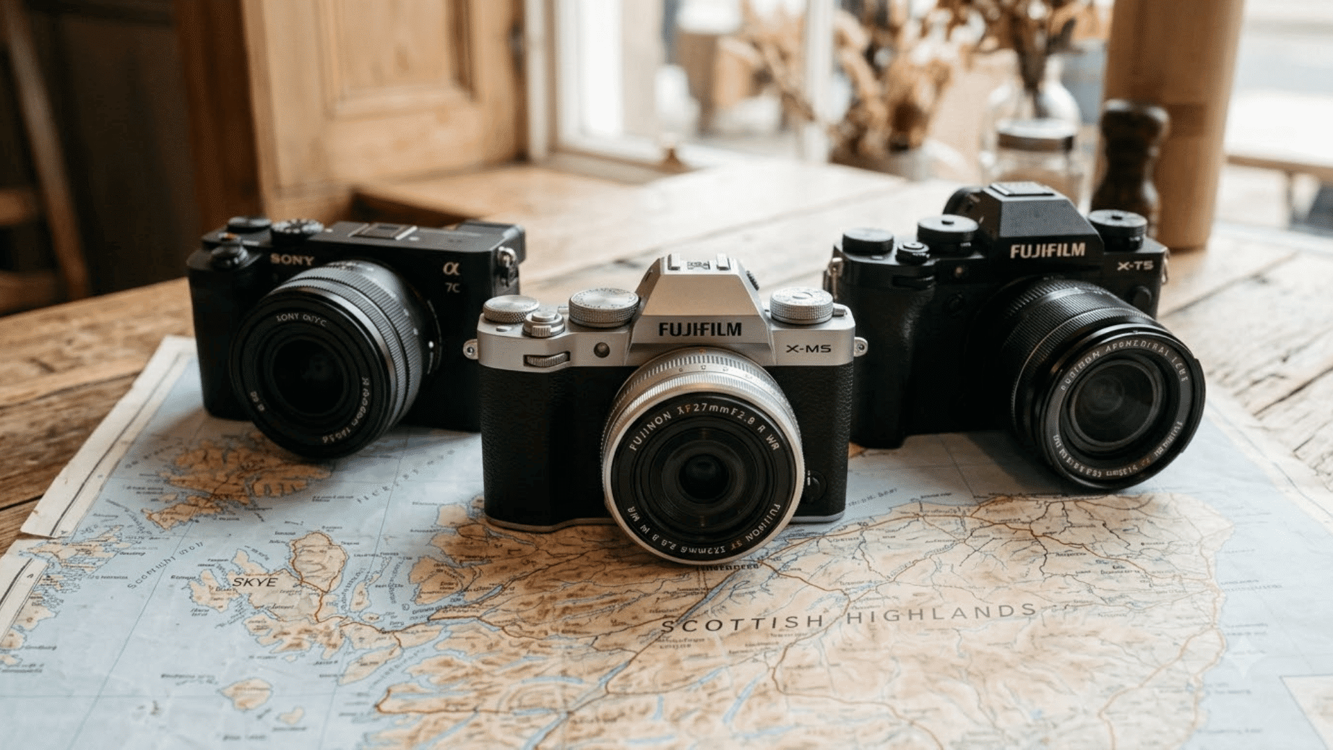 Three travel cameras placed on a map showing photography gear for exploring destinations.