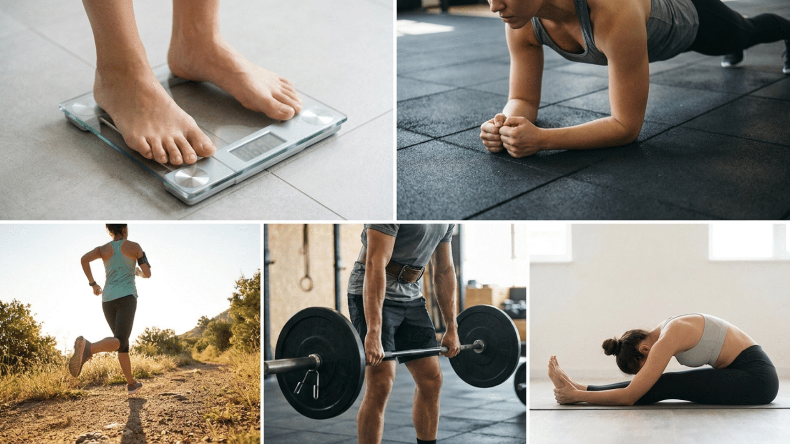 Five components of fitness shown across five panels.Rrunning, plank hold, barbell lift, yoga stretch, and bare feet on a weighing scale.