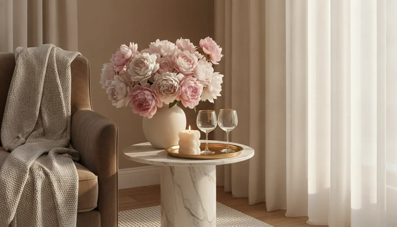 Marble side table with vase of pink flowers, candles, and glasses in cozy living room