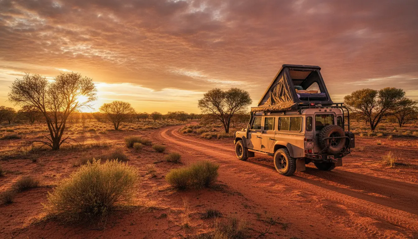 Off-road vehicle with rooftop tent on dirt road at sunset in desert landscape
