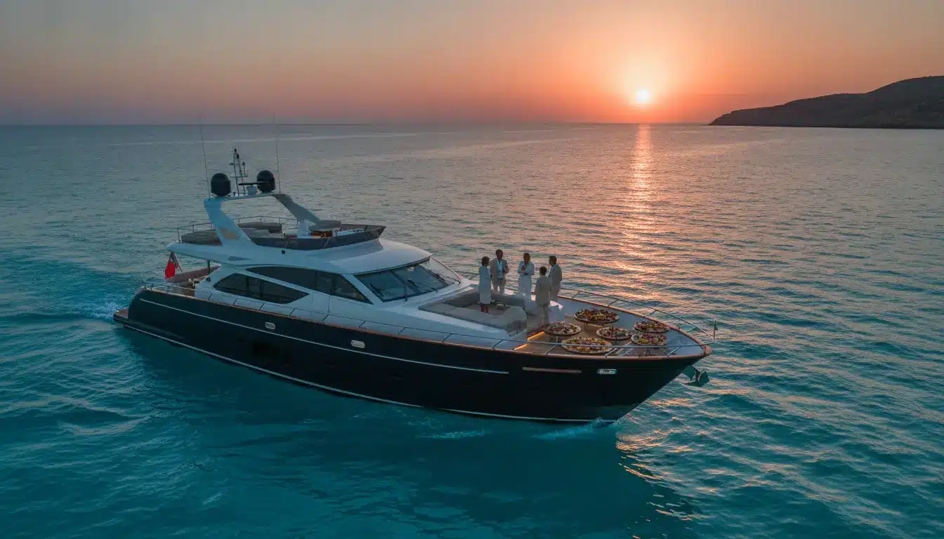 Luxury yacht cruising at sunset with people on deck, surrounded by calm ocean waters
