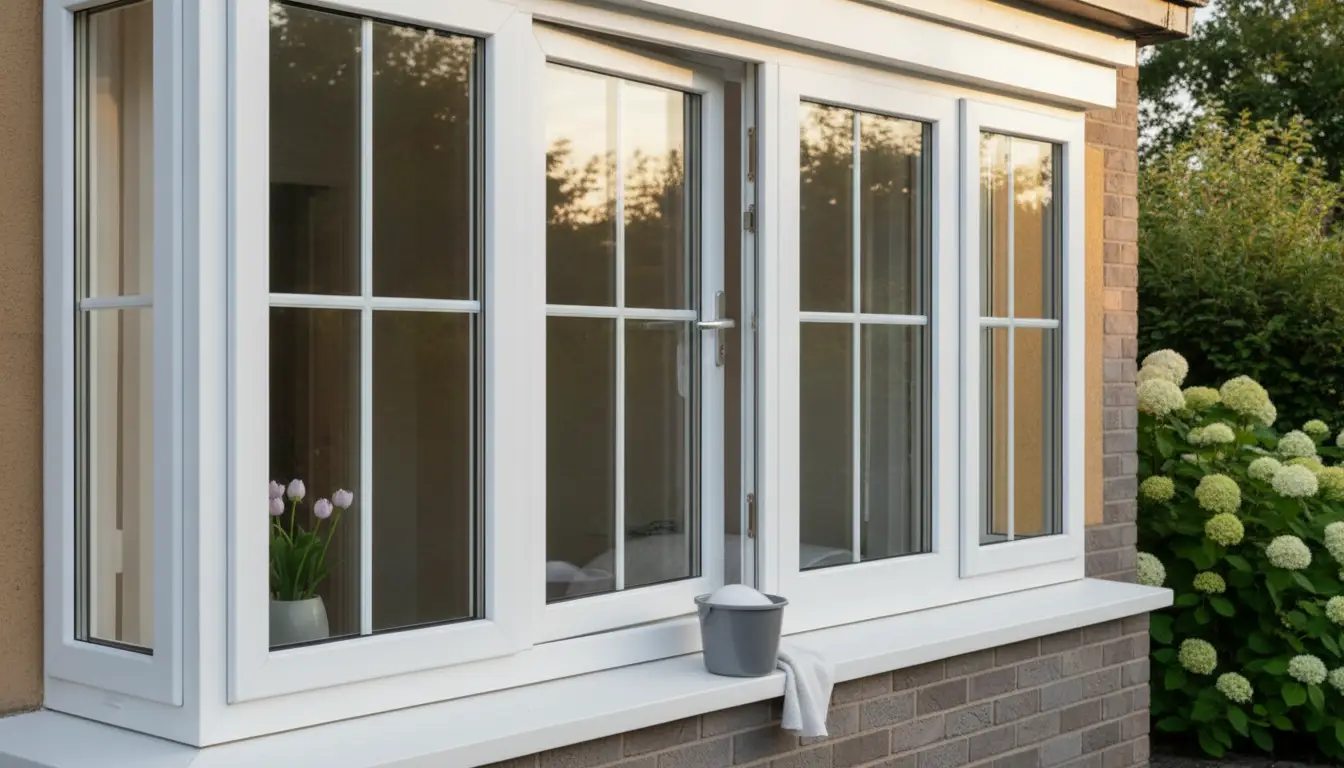 White framed bay window with potted flowers on sill beside hydrangea bush in outdoor garden setting