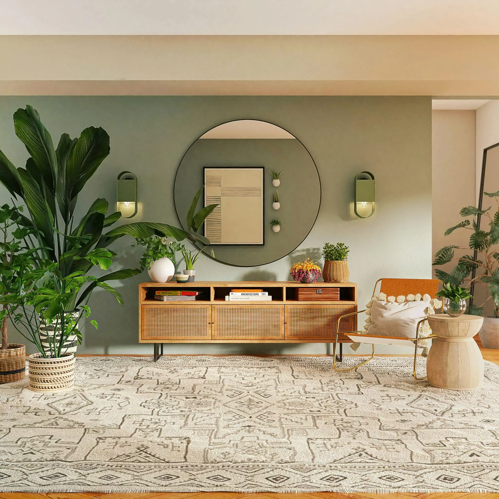 Living room with green walls, wooden furniture, large round mirror, and potted plants