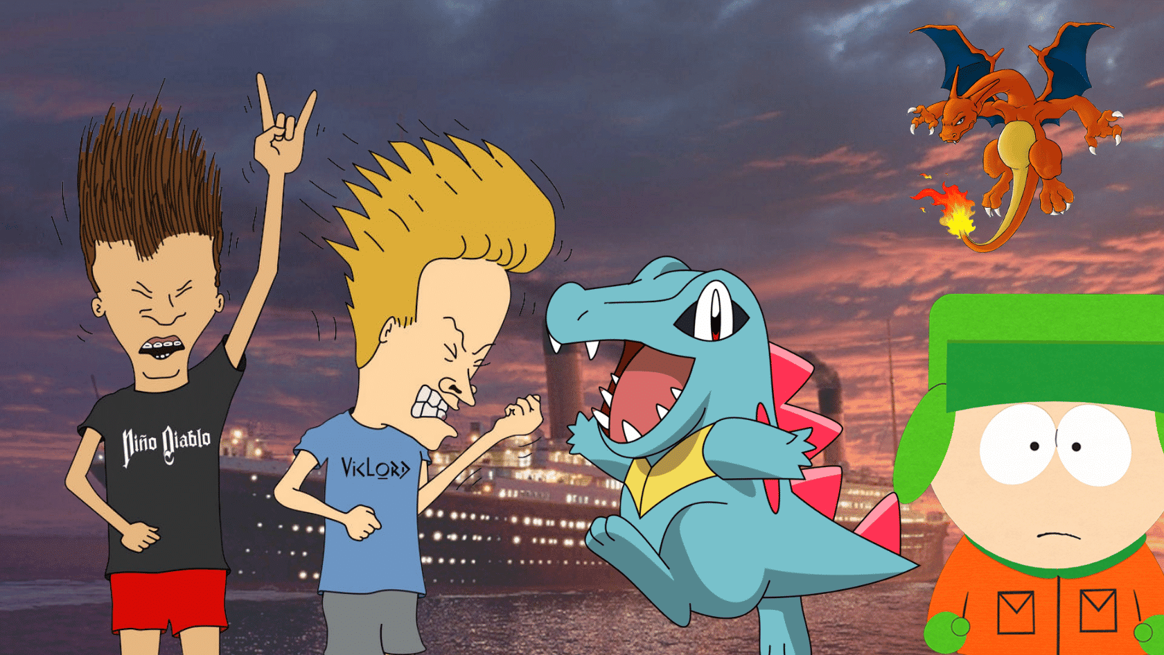 Beavis, Butt-Head, Kyle from South Park, Totodile, and Charizard crossover cartoon characters