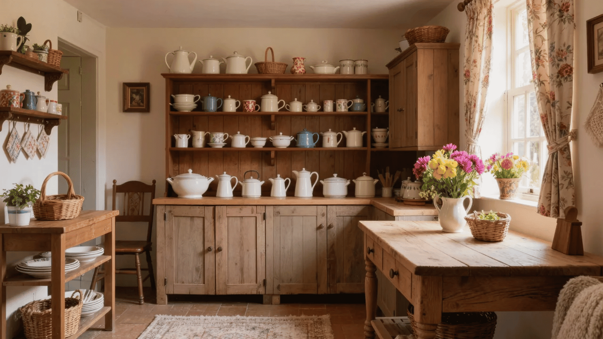 Cottagecore interior design styles kitchen with wooden cabinets, open shelves, flowers, and vintage decor.