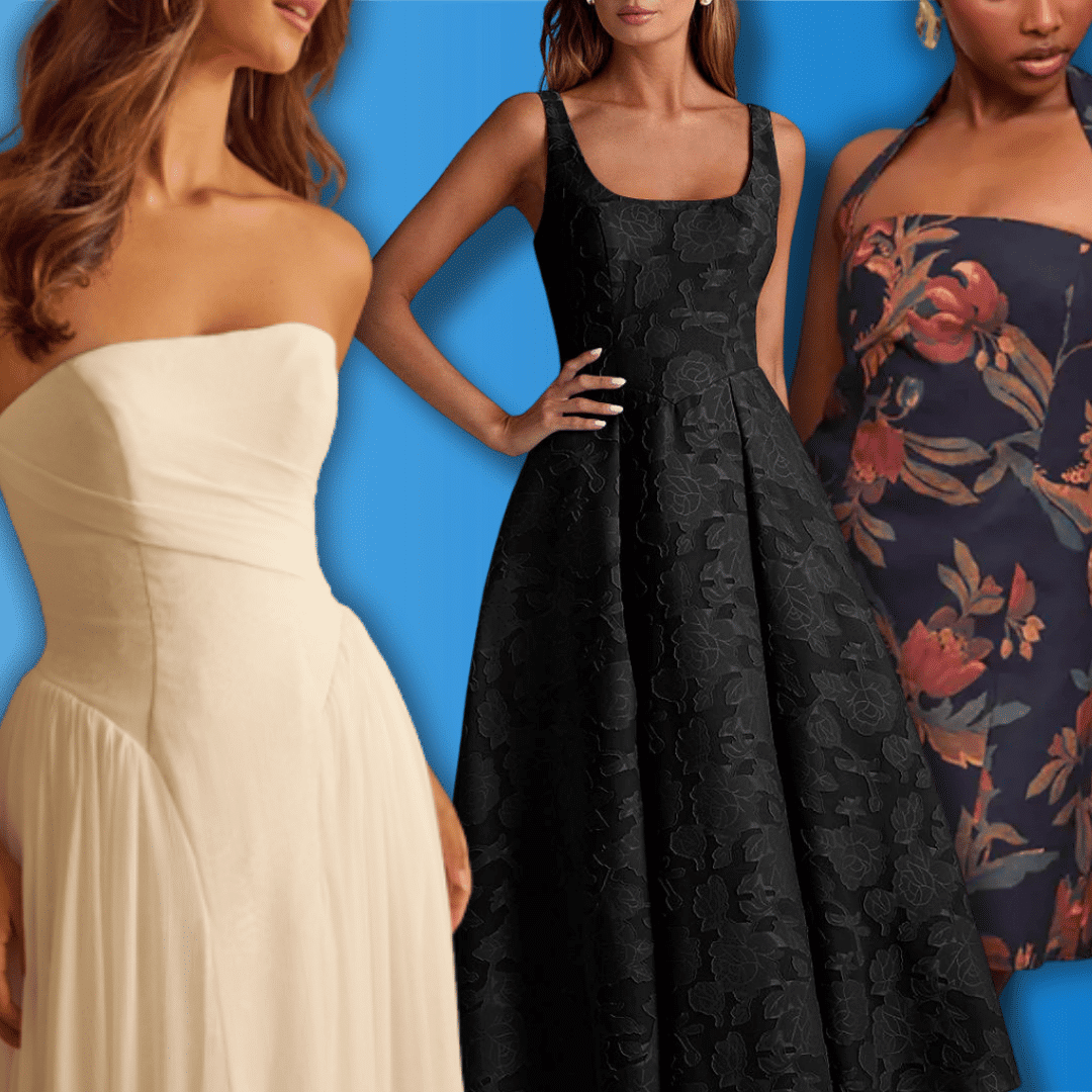 A line dress styles in cream, black floral jacquard, and navy floral prints for elegant occasions.