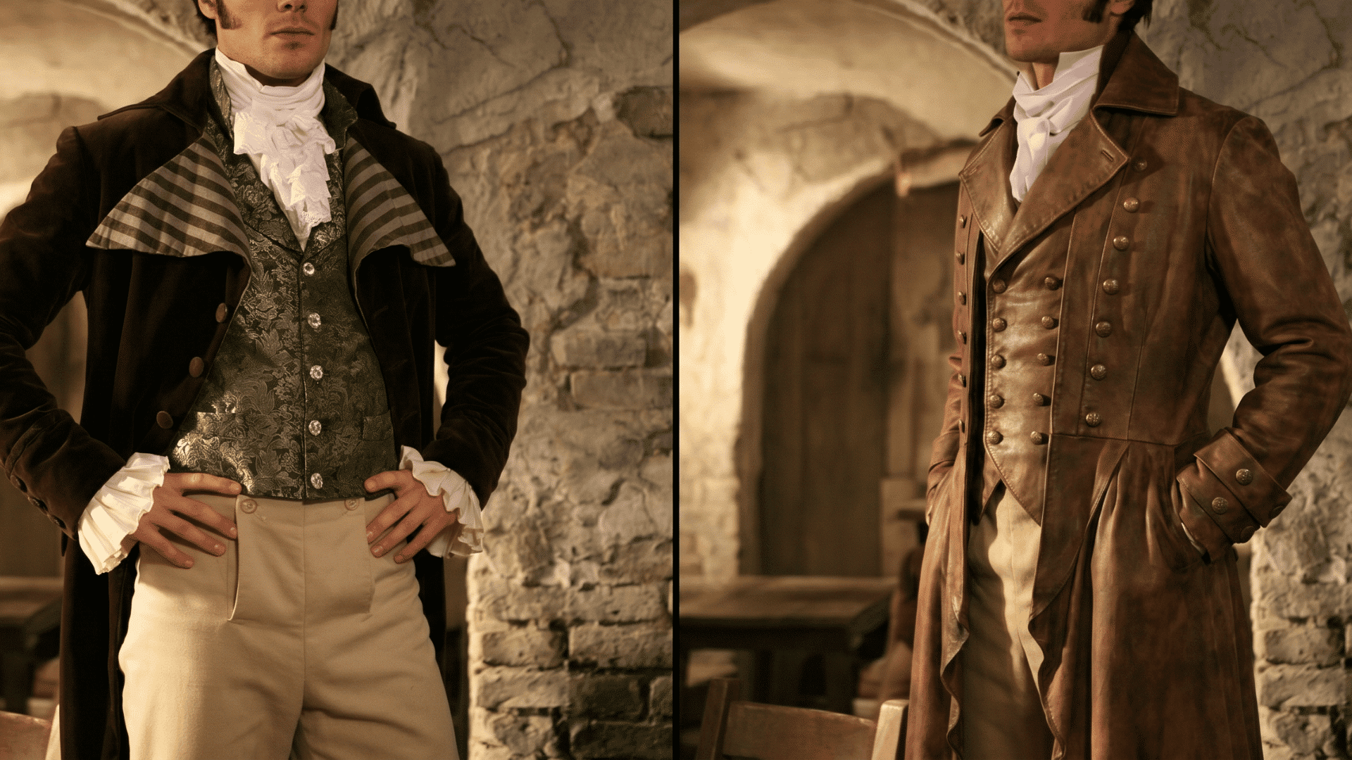 A man in two Regency era outfits, one with a green brocade waistcoat and dark tailcoat, the other in a brown leather greatcoat.