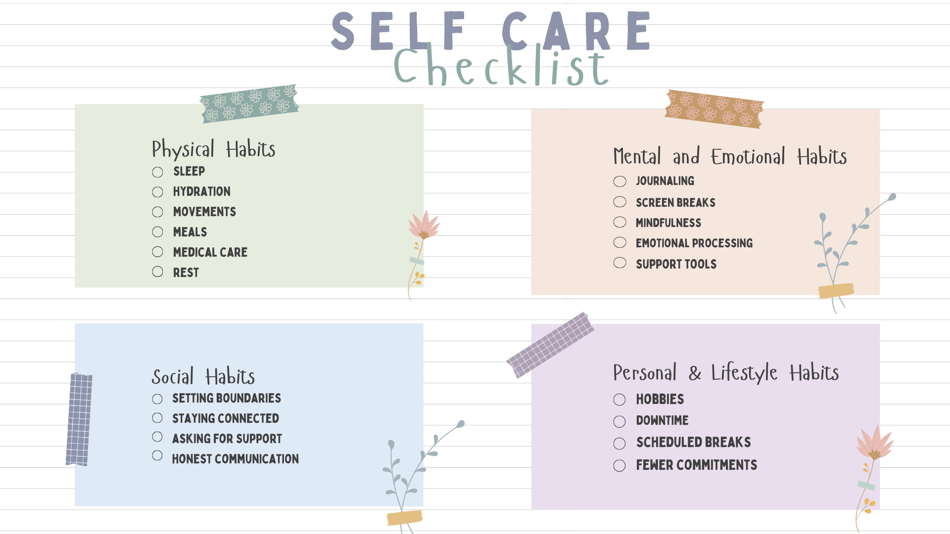 A self-care checklist helps you stay consistent with habits that support your overall well-being. Use this as a daily or weekly guide to check in with your physical, mental, social, and lifestyle needs.