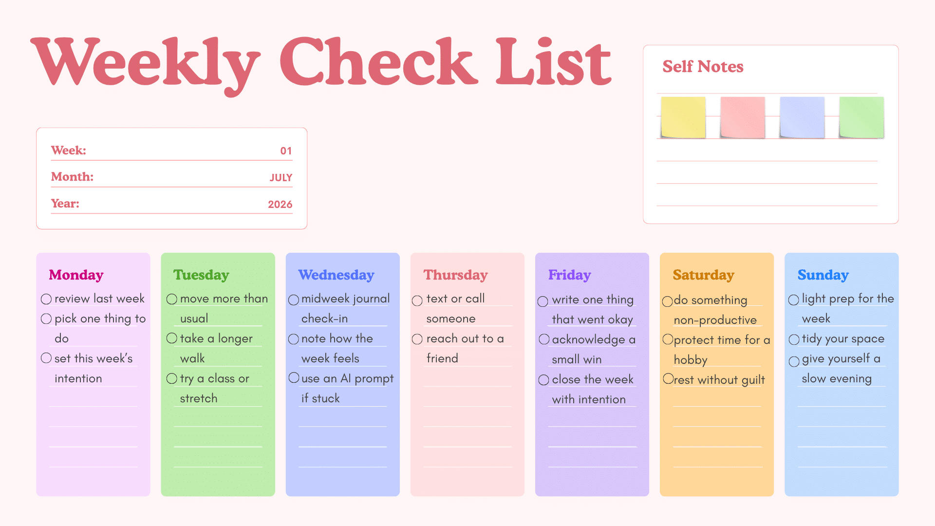A weekly self-care checklist.