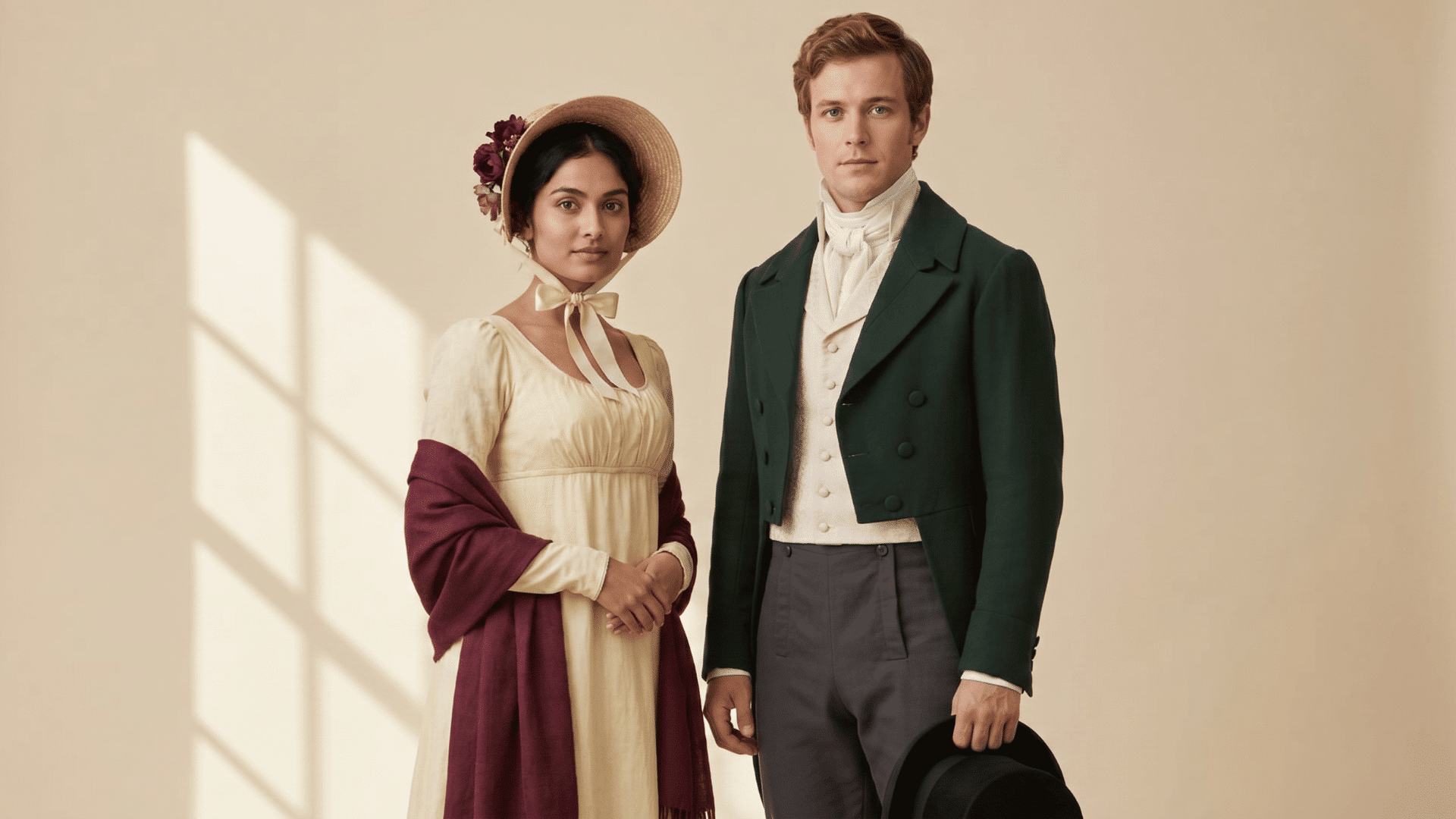 a-woman-in-a-white-empire-waist-dress-and-bonnet-stands-beside-a-man-in-a-navy-tailcoat-and-top-hat-in-regency-era-fashion (1)