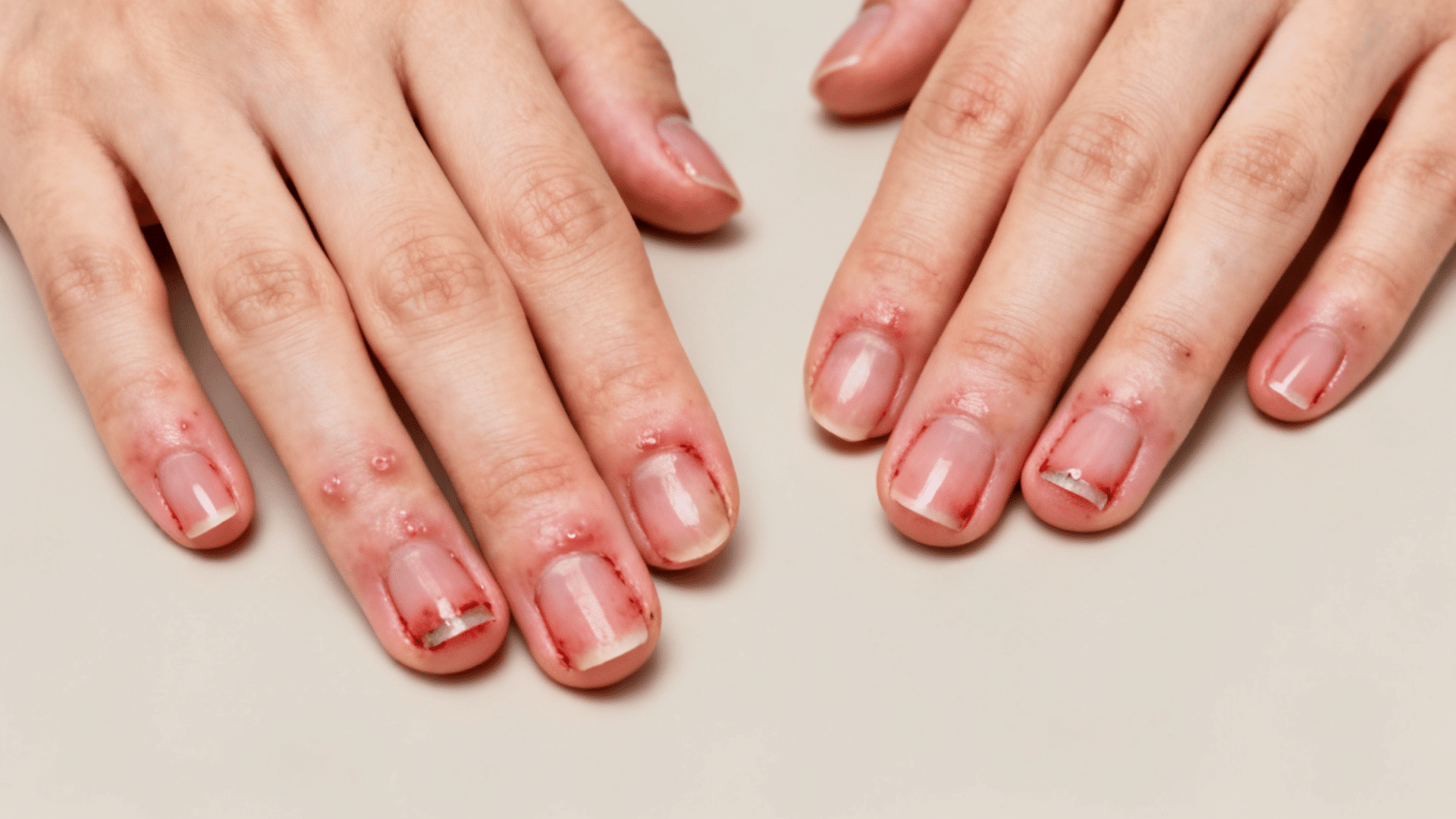 Hands with redness, small blisters, and irritated skin around several fingernails after gel polish removal.