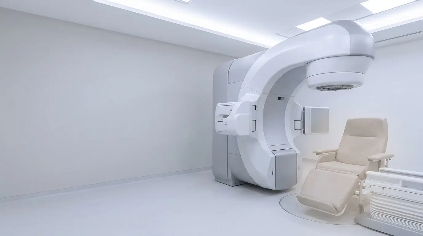 Radiation therapy machine beside beige reclining chair in sterile medical room