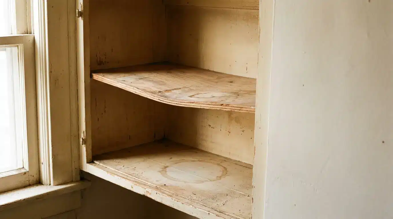 Empty wooden shelves in rustic cupboard by a sunlit window