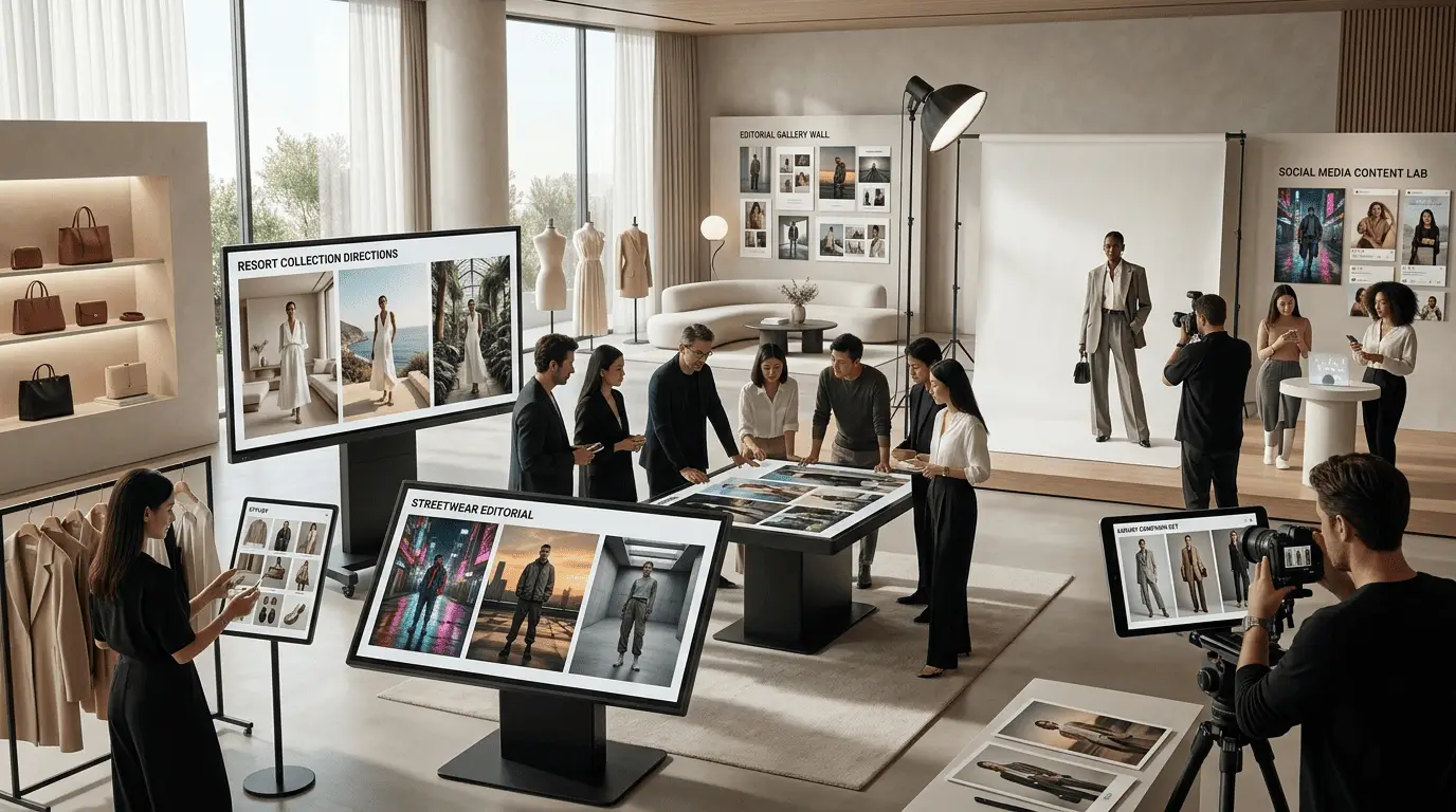 Fashion team collaborating in modern studio with digital displays and mannequin setups
