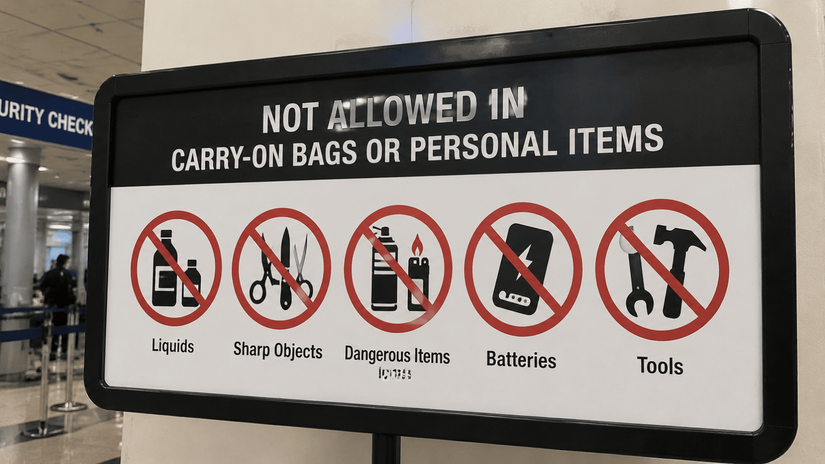 Airport security sign showing prohibited liquids, sharp objects, dangerous items, batteries, and tools