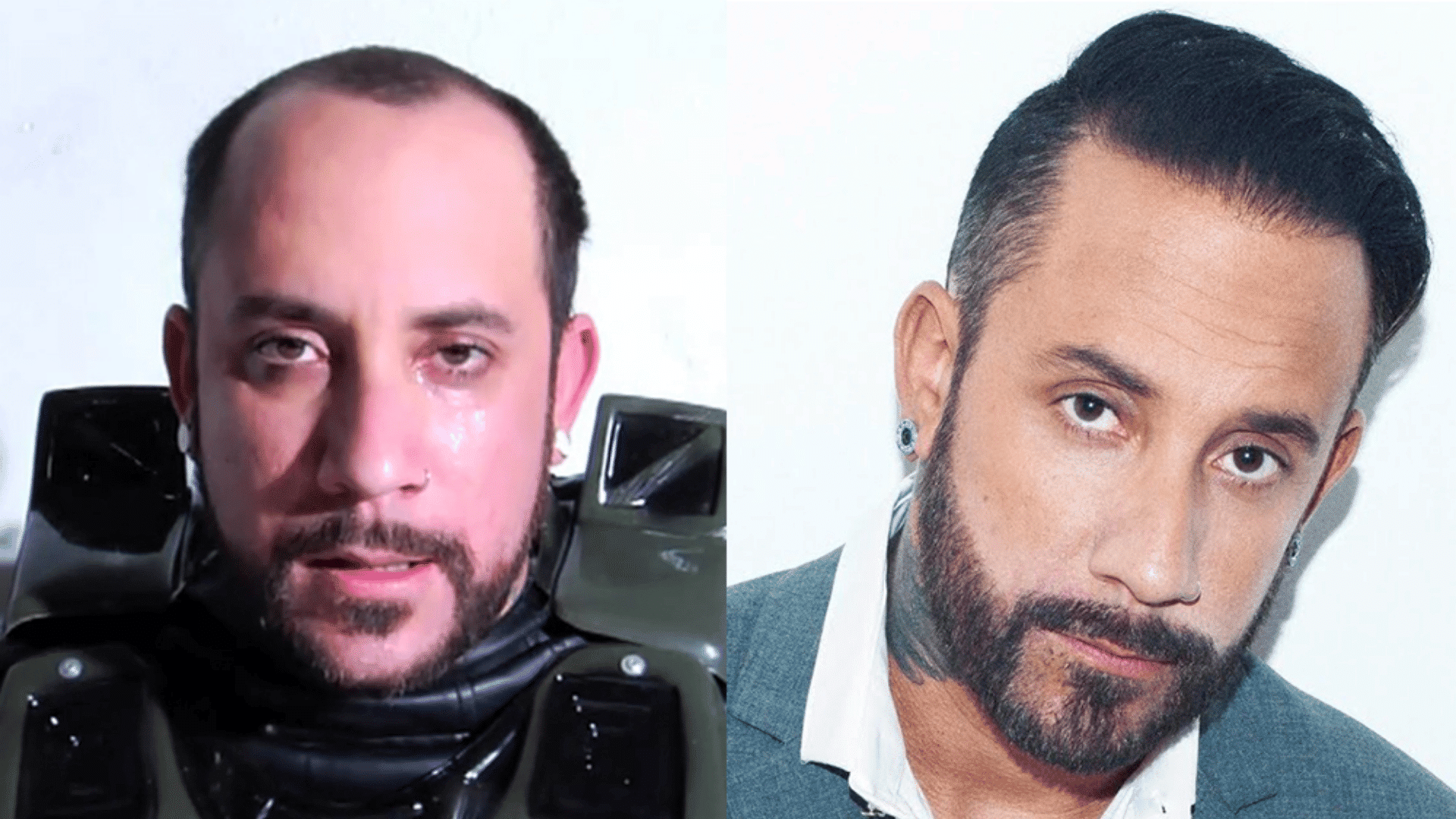 Side-by-side images of a man: left showing him emotional and teary in a dark outfit, right showing him groomed with beard in a suit looking serious.