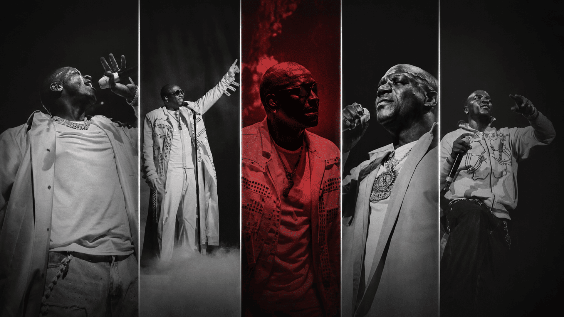 Black and white concert collage featuring Akon in five vertical panels with a red-tinted center section and dramatic stage poses.