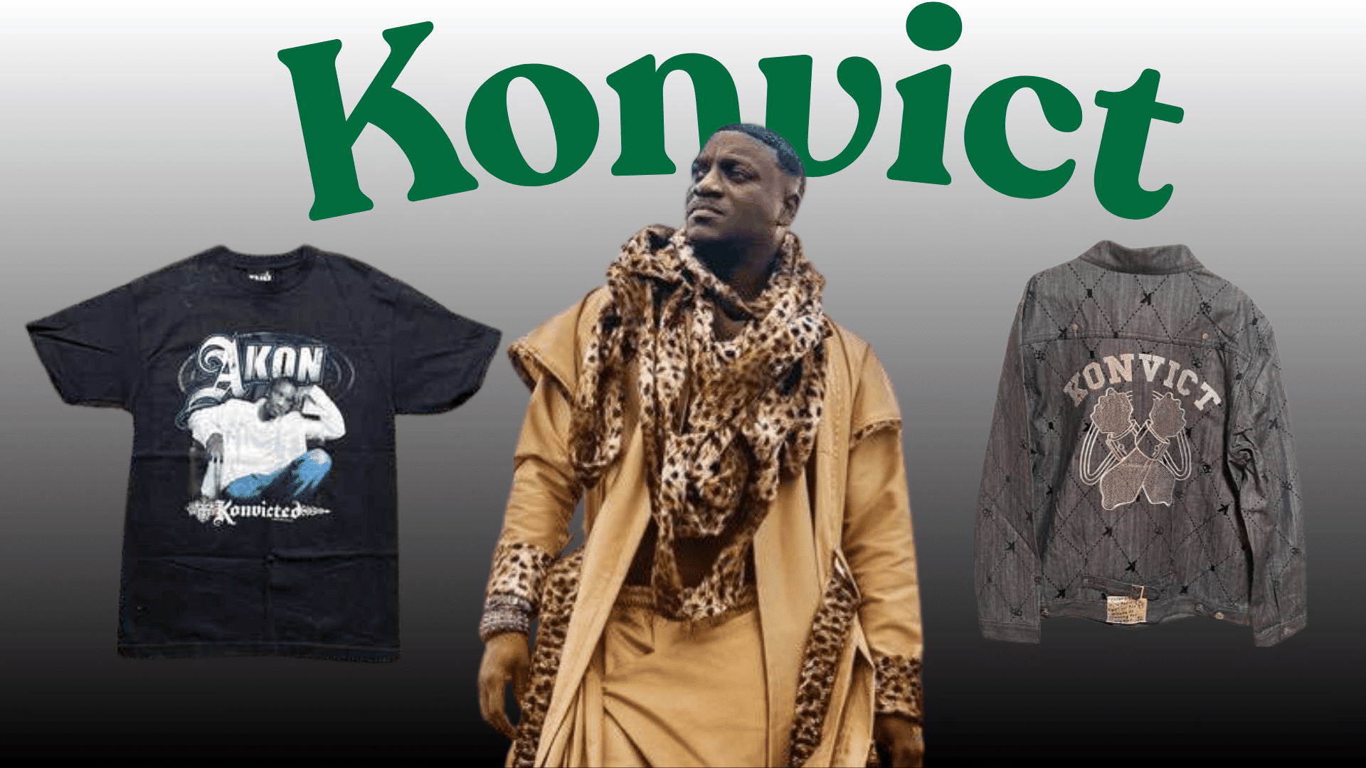 Akon promoting Konvict clothing brand with apparel designs and fashion collection display.