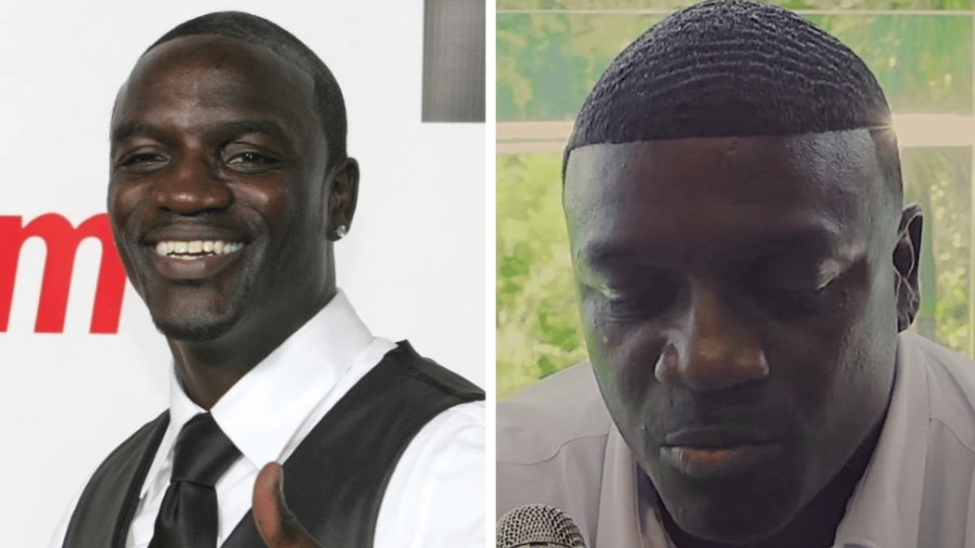 Side-by-side portraits of a man in formal wear: left image shows him smiling and giving a thumbs-up in a vest and tie, right image shows him looking down while holding a microphone.