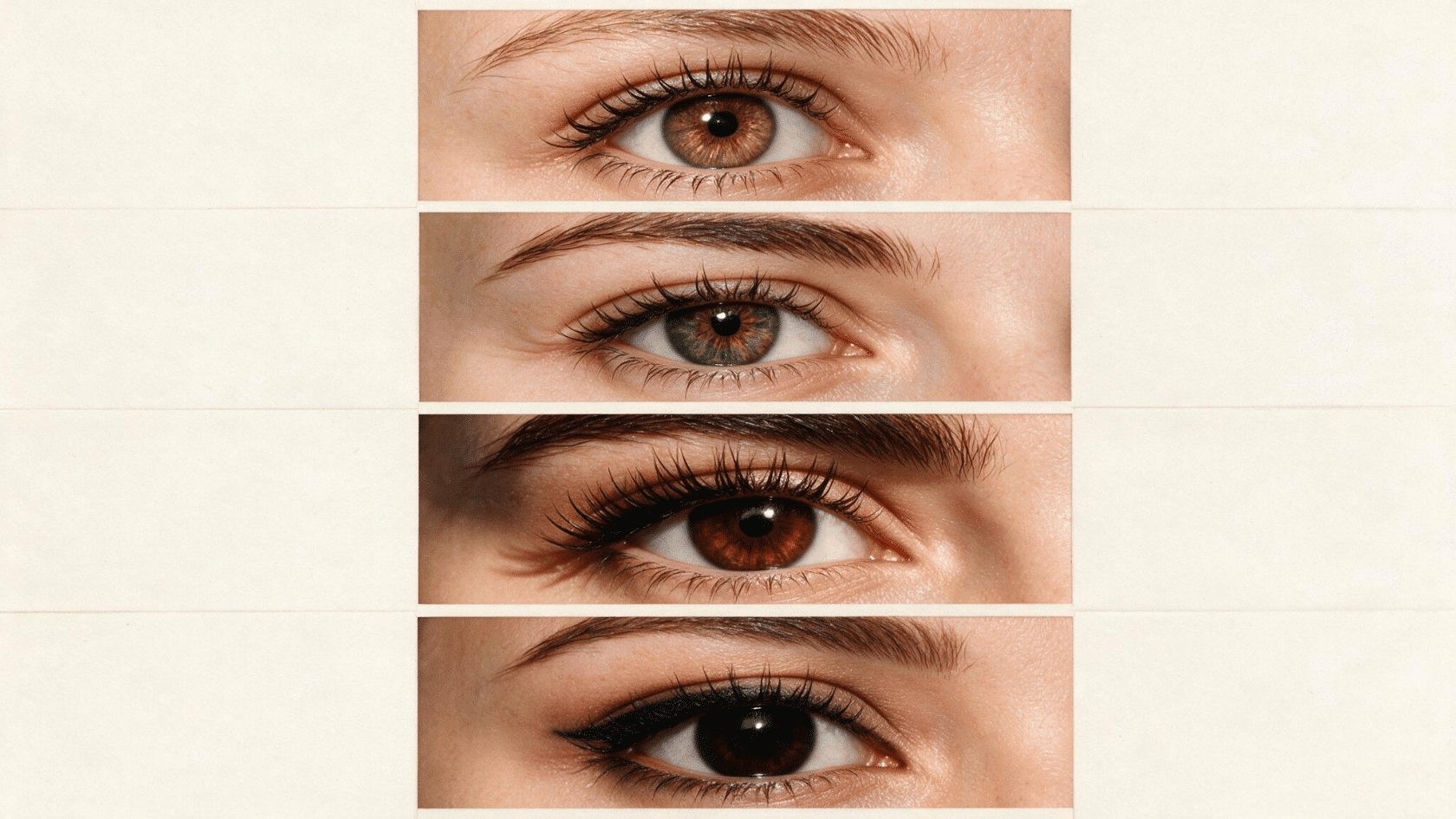 Almond shaped eyes in a close-up beauty collage showing different eye colors and makeup styles.