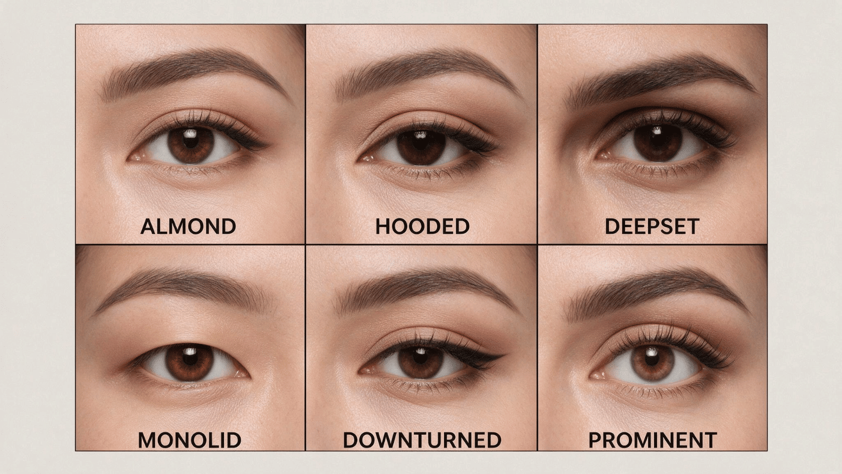 Almond shaped eyes comparison chart showing different eye shapes and makeup styles.