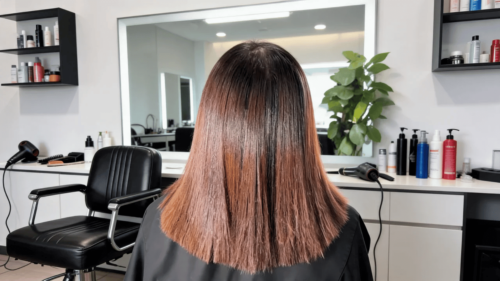 Alt Text: Straight hair viewed from the back in a salon chair with hair tools and products in the background.