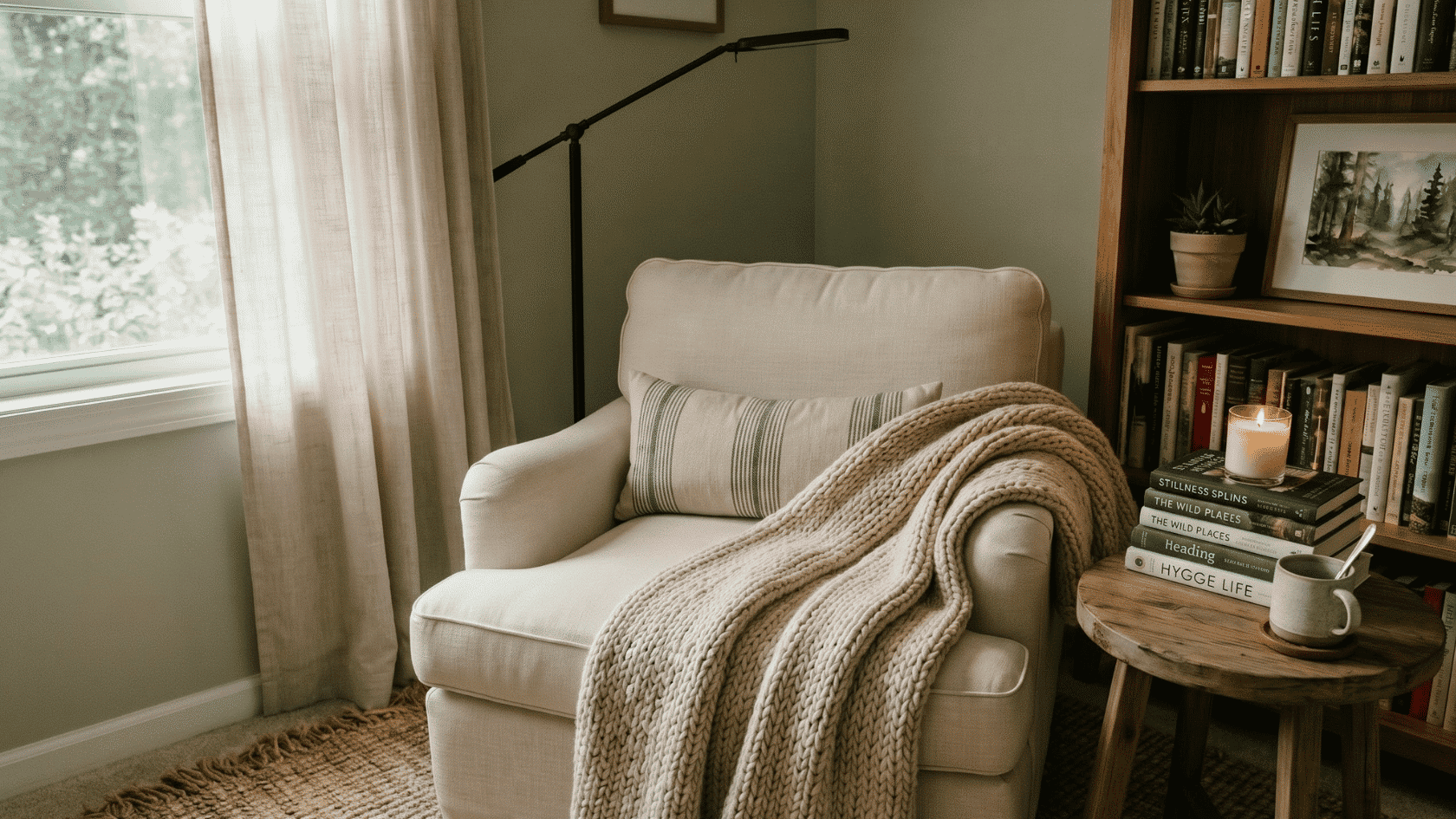 Armchair with blanket, side table, books, candle, lamp, and bookshelf near a window.