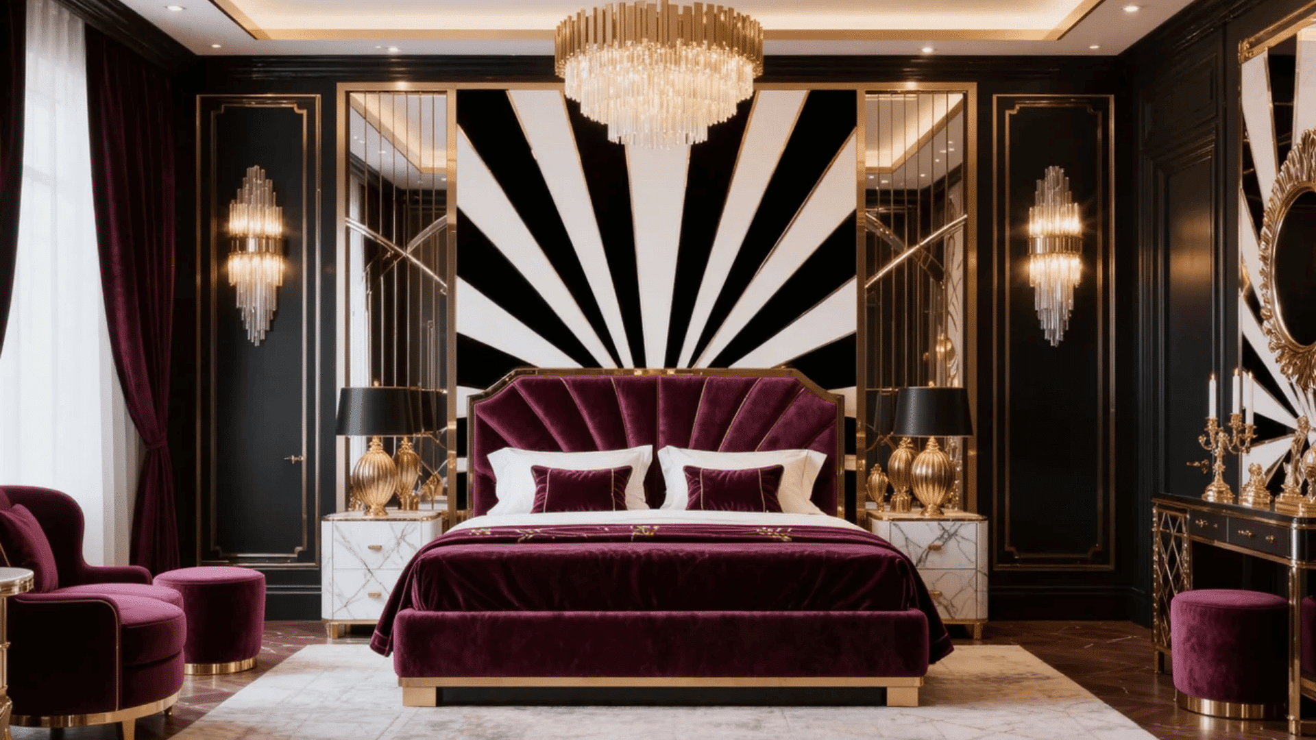 Art Deco interior design styles bedroom with velvet bed, gold accents, and geometric wall design.