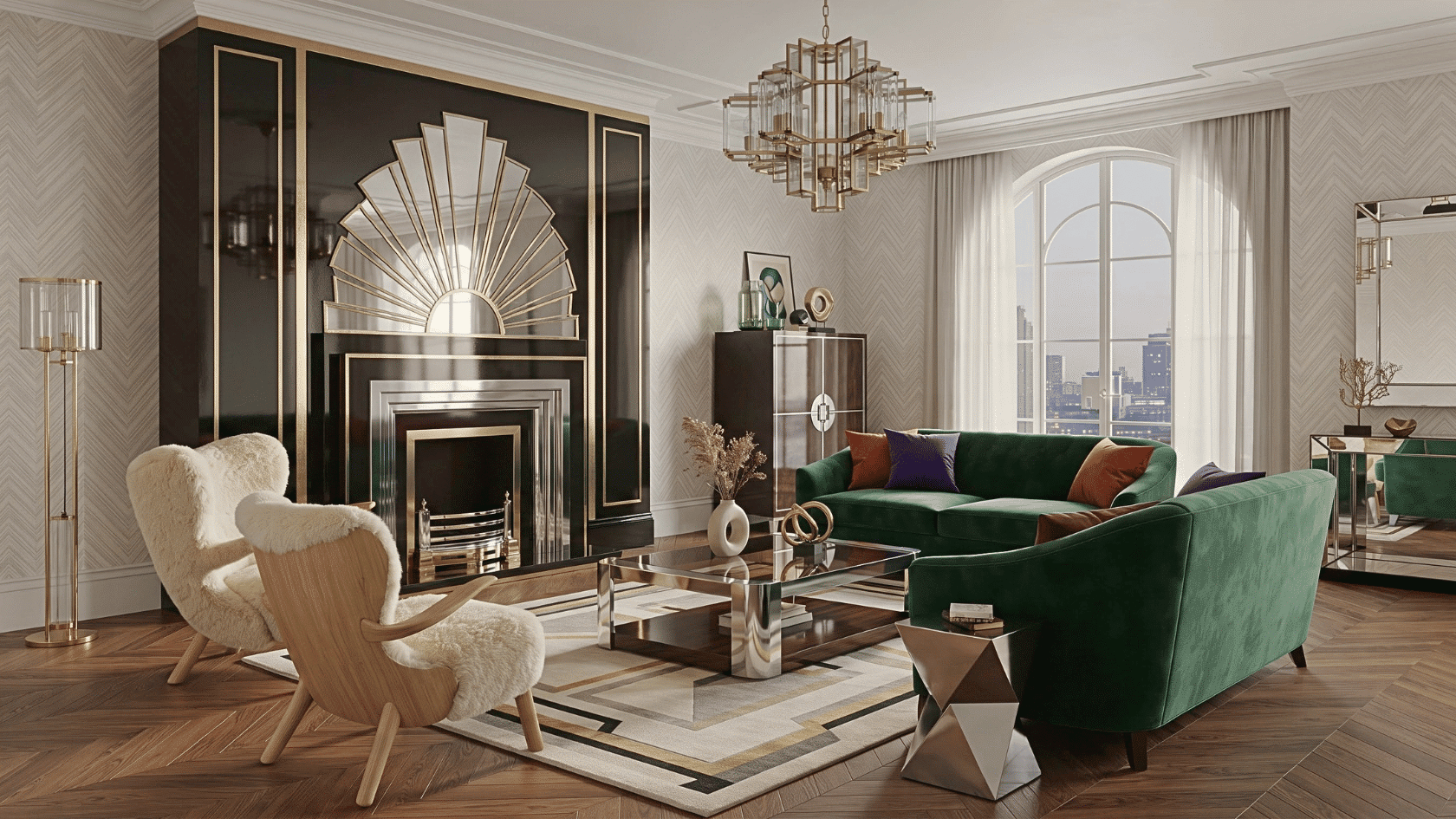 Art deco room featuring modern interior styles with luxury details, bold patterns, metallic accents, and decor elements