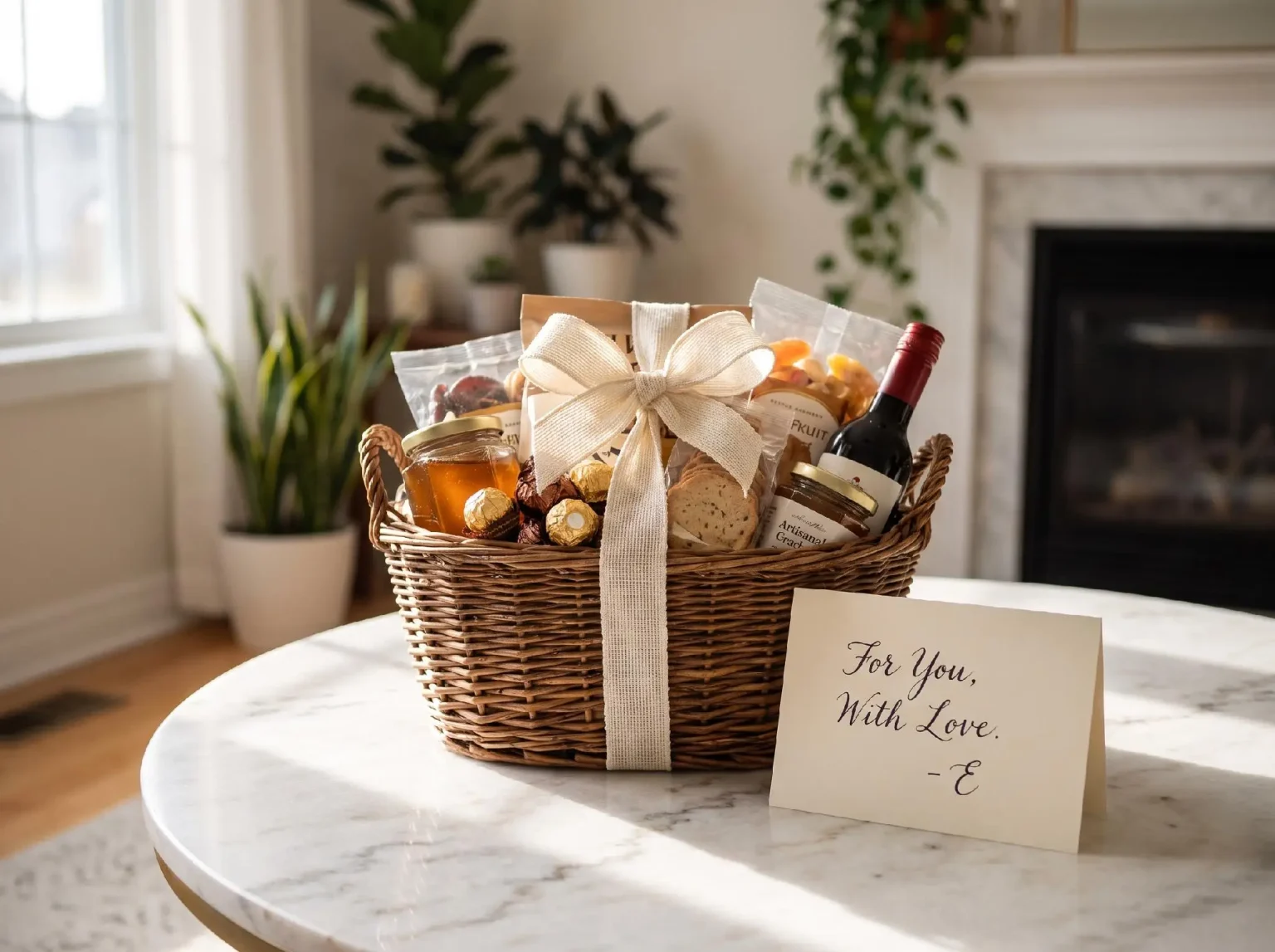 Wicker gift basket with wine, honey, and snacks on marble table in cozy living room