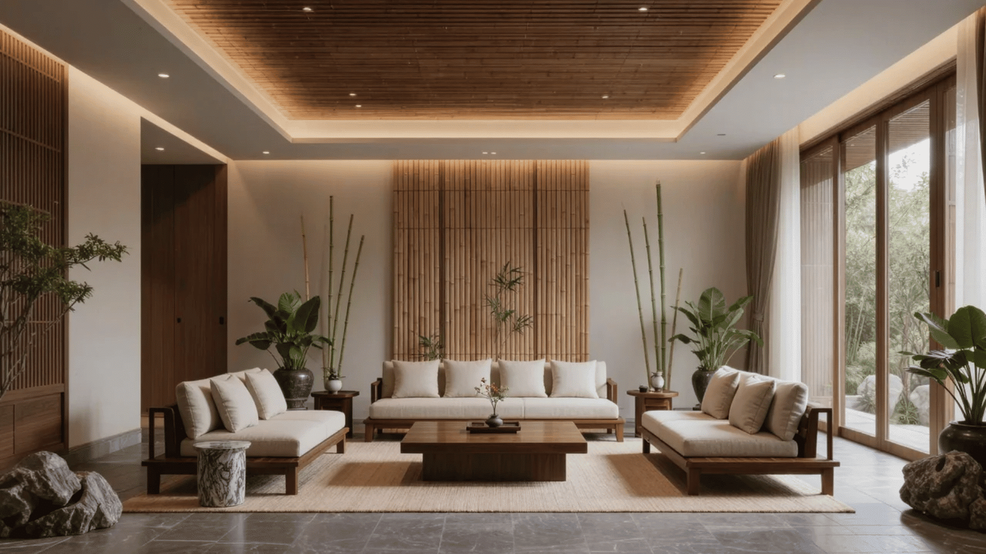 Asian Zen interior design styles living room with bamboo details, wood furniture, plants, and calm decor.